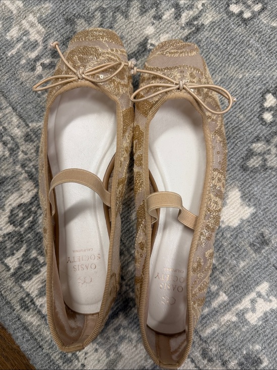 Society Shoes - Society Metallic Beige Lace Ballet Flats with Bow